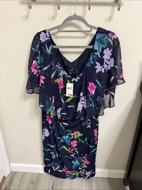 connected apparel Navy Floral V-Neck Flutter Sleeve Dress